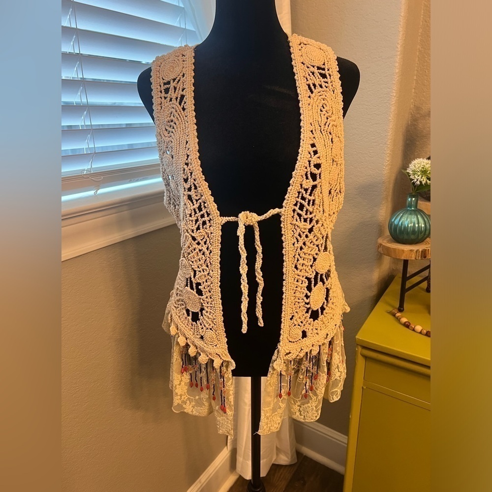 Awake brand crochet beaded vest with‎ tie front. Size S. 100% cotton.